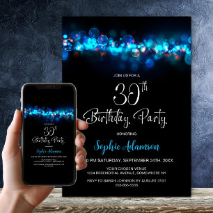 Blue Bokeh Black 30th Birthday Party Invitation