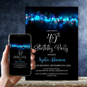 Blue Bokeh Black 40th Birthday Party Invitation