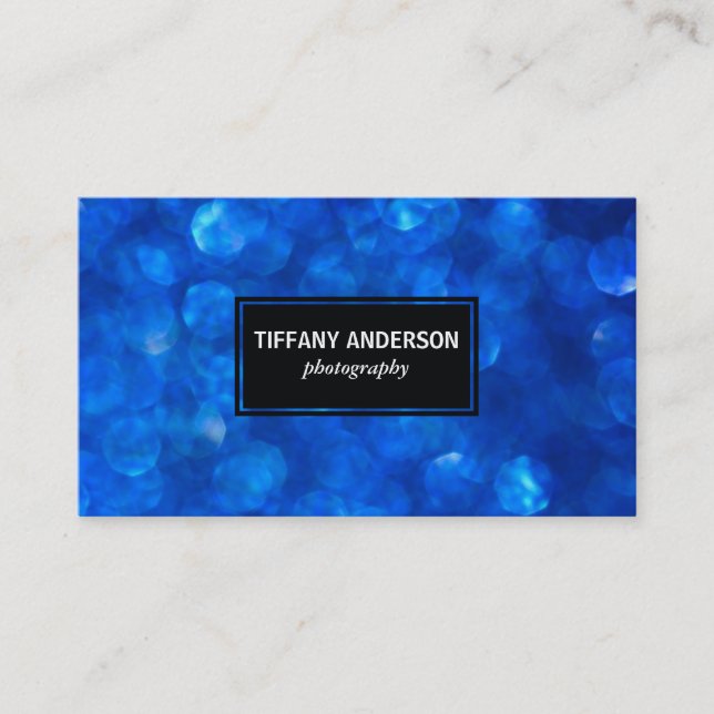 Blue Bokeh Black Panel Business Card (Front)