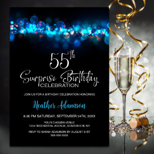 Blue Bokeh Black Surprise 55th Birthday Party Invitation