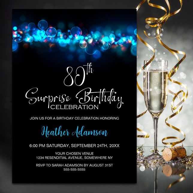 Blue Bokeh Black Surprise 80th Birthday Party Invitation (Creator Uploaded)