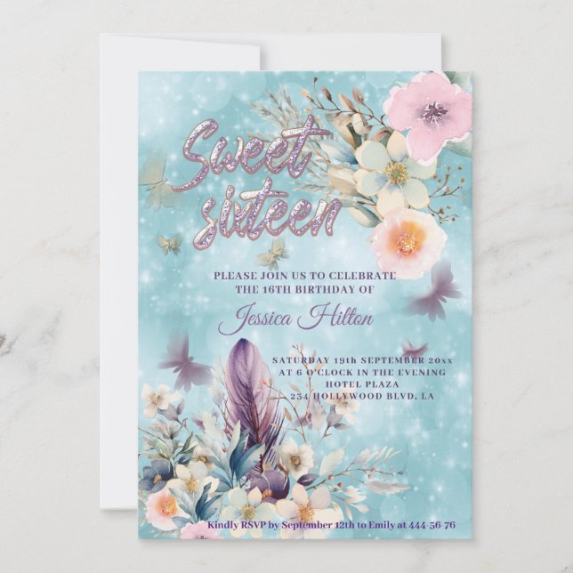 Blue bokeh Butterfly boho floral sweet sixteen Invitation (Front)