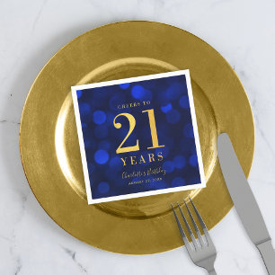 Blue Bokeh Faux Gold Cheers to 21 Years Birthday Napkin