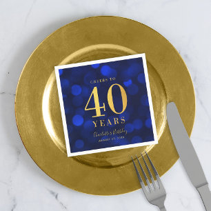 Blue Bokeh Faux Gold Cheers to 40 Years Birthday Napkin