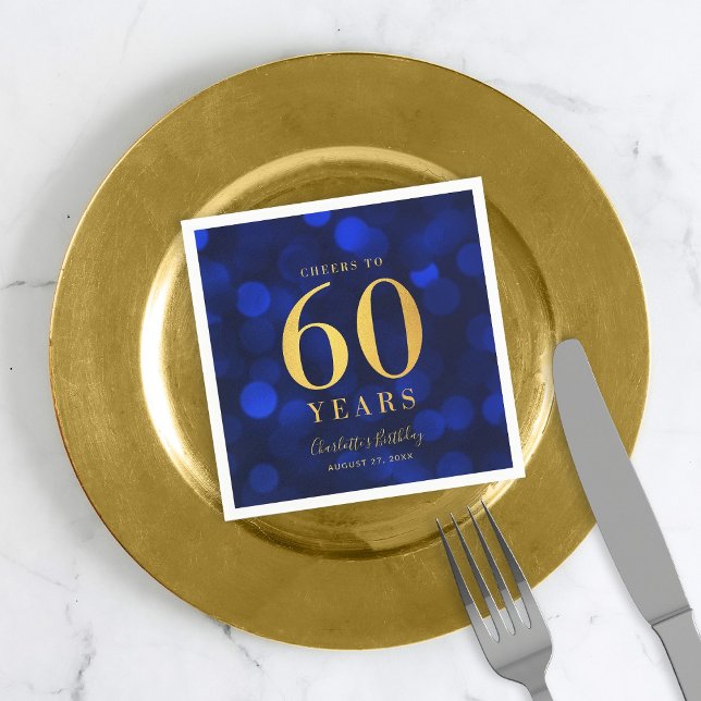 Blue Bokeh Faux Gold Cheers to 60 Years Birthday Napkin (Creator Uploaded)