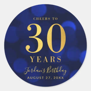 Blue Bokeh Gold Cheers to 30 Years Birthday Classic Round Sticker