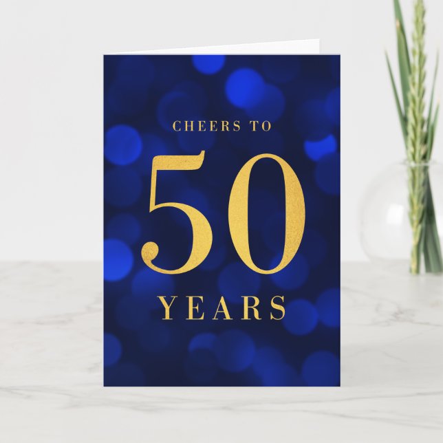 Blue Bokeh Gold Cheers to 50 Years Birthday Card (Front)