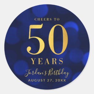 Blue Bokeh Gold Cheers to 50 Years Birthday Classic Round Sticker