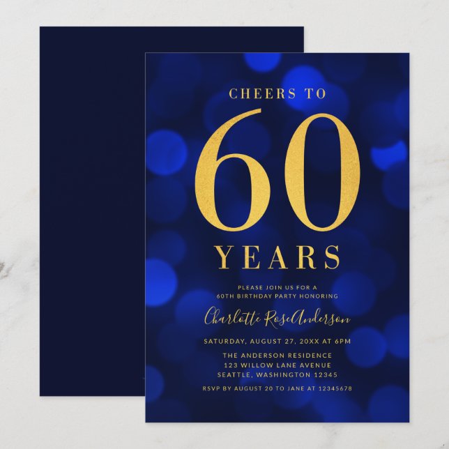 Blue Bokeh Gold Cheers to 60 Years Birthday Party Invitation (Front/Back)