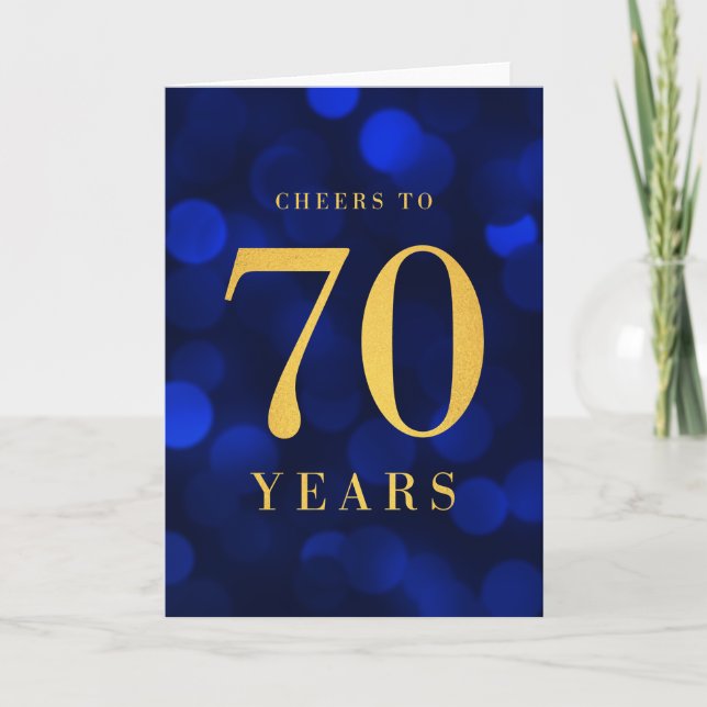 Blue Bokeh Gold Cheers to 70 Years Birthday Card (Front)