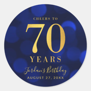 Blue Bokeh Gold Cheers to 70 Years Birthday Classic Round Sticker