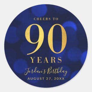 Blue Bokeh Gold Cheers to 90 Years Birthday Classic Round Sticker