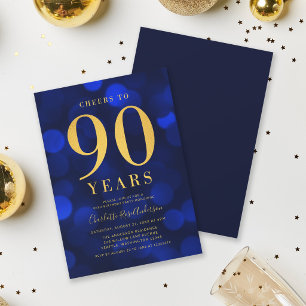 Blue Bokeh Gold Cheers to 90 Years Birthday Party Invitation