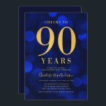 Blue Bokeh Gold Cheers to 90 Years Birthday Party Invitation<br><div class="desc">Classy 90th Birthday Party invitation featuring the words "Cheers to 90 Years" in faux gold foil against a sapphire blue bokeh pattern background. Invitation has a blue background back side. Personalise this invitation with your details by replacing the placeholder text. For more options such as to change the font, text...</div>