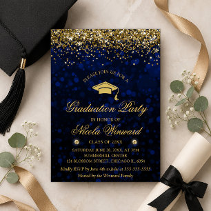 Blue Bokeh & Gold Glitter Graduation Party Invitation
