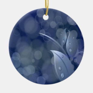 Blue Bokeh Leaves Ceramic Ornament