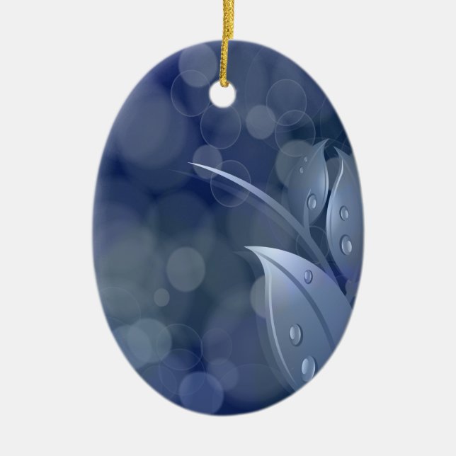 Blue Bokeh Leaves Ceramic Ornament (Front)