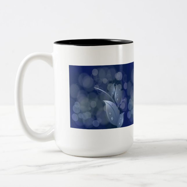Blue Bokeh Leaves Two-Tone Coffee Mug (Left)