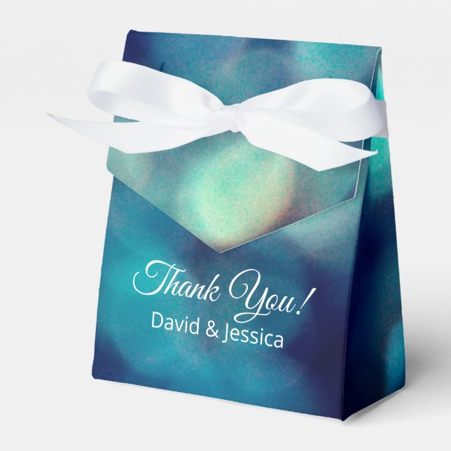 Blue bokeh light photo effect custom wedding favour box (Front Side)