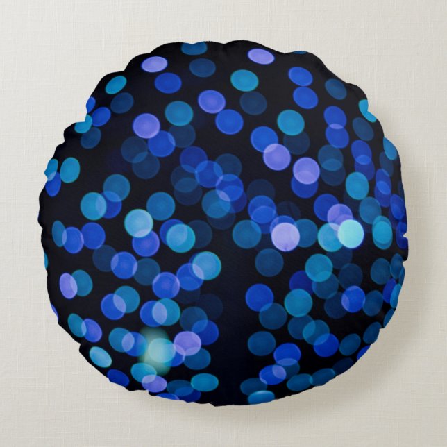 Blue bokeh light round cushion (Front)