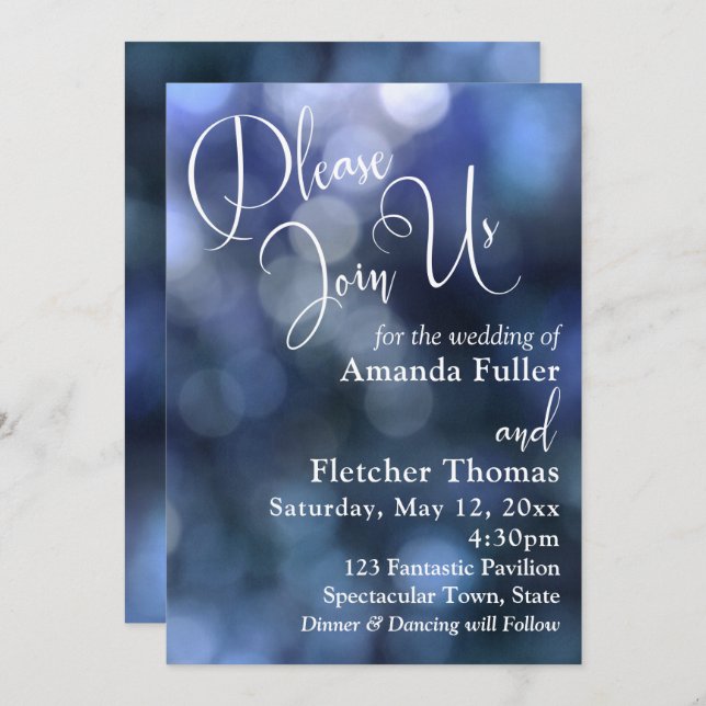Blue Bokeh Light & Typography 32 Wedding 2 Invitation (Front/Back)