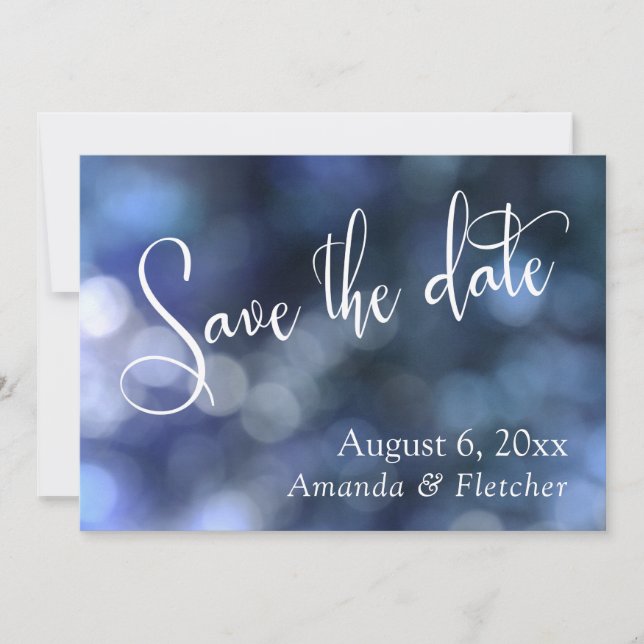 Blue Bokeh, Modern Save the Date Calligraphy (Front)