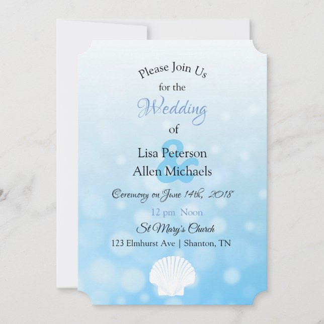 Blue Bokeh Seashell Wedding Invitation (Front)