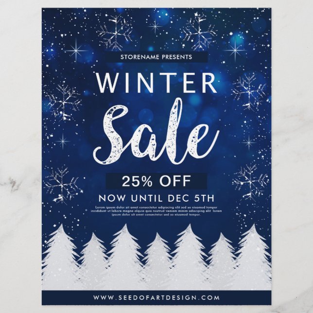 Blue Bokeh Snowy Winter Sale Retail Advertisement Flyer (Front)
