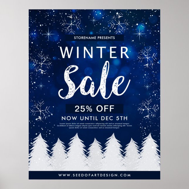 Blue Bokeh Snowy Winter Sale Retail Advertisement Poster (Front)