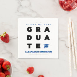 Blue Bold GRADUATE Letters and Cap Graduation Napkin