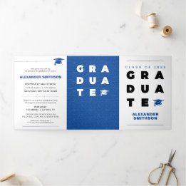 Blue Bold GRADUATE Letters and Cap Graduation Tri-Fold Announcement