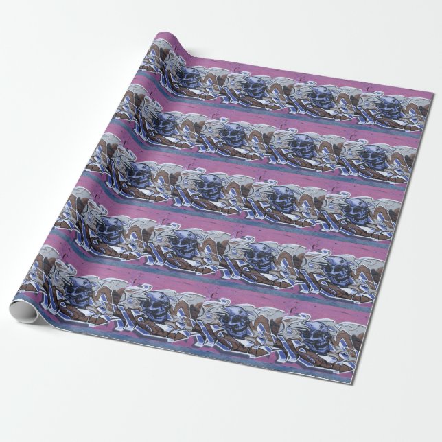 Blue Bonehead Graffiti Wrapping Paper (Unrolled)