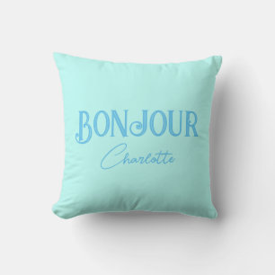 Blue Bonjour Bonne Nuit Throw Pillow