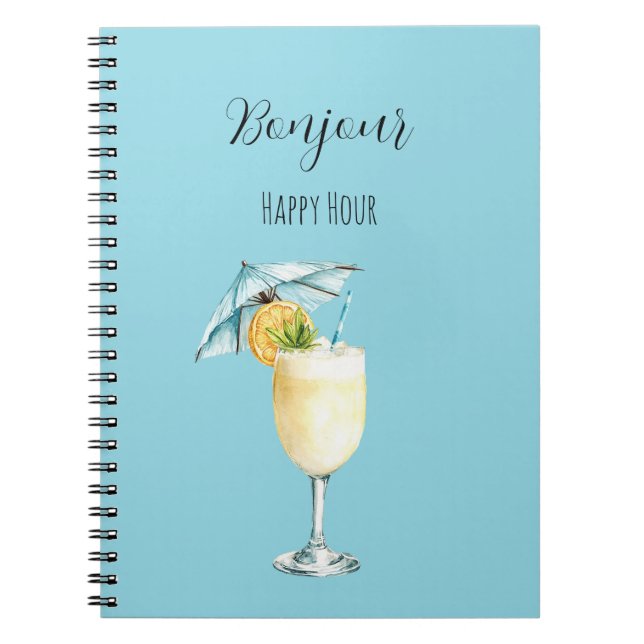 Blue Bonjour Happy Hour Drink Notebook (Front)