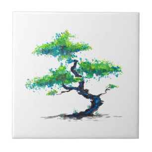 Blue Bonsai Watercolor Ceramic Tile