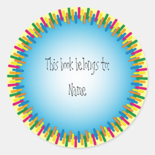 Blue bookplate with colourful border classic round sticker