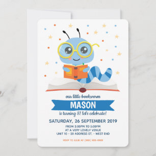 Blue Bookworm Book Birthday Party Invitation