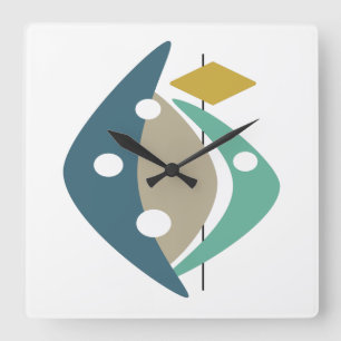 Blue Boomerangs Mid-century Modernism Square Wall Clock