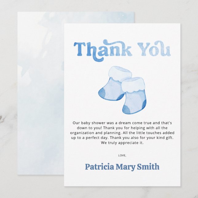 Blue Booties Boy Baby Shower Thank You Card (Front/Back)