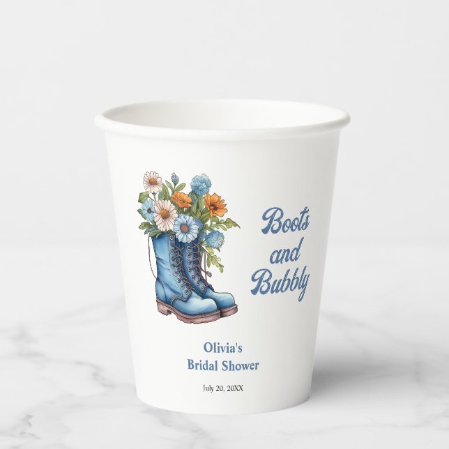 Blue Boots and Bubbly Blue Western Bridal Shower  Paper Cups (Front)