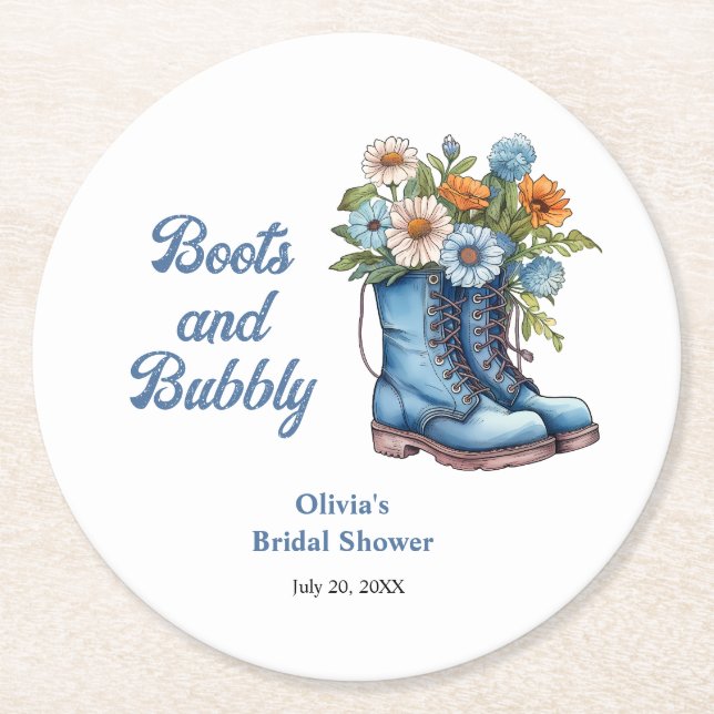 Blue Boots and Bubbly Blue Western Bridal Shower  Round Paper Coaster (Front)