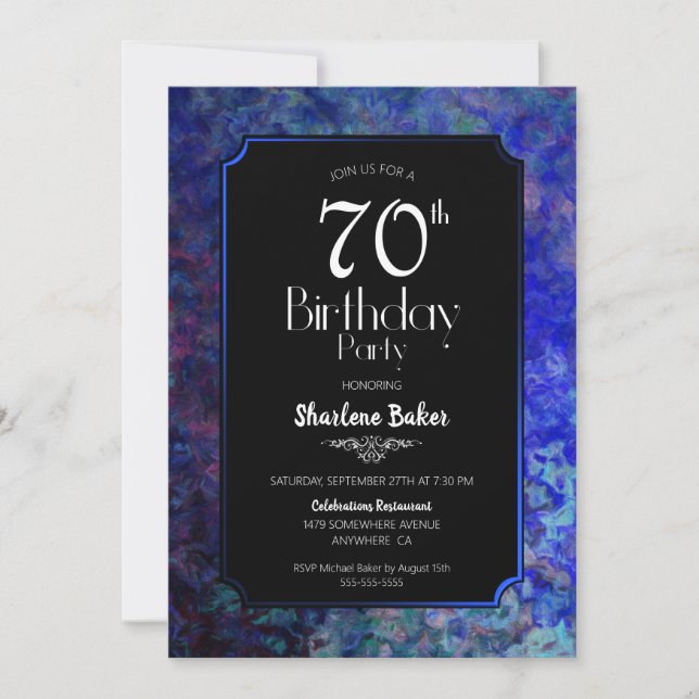 Blue Border Black 70th Birthday Party Invitation (Front)