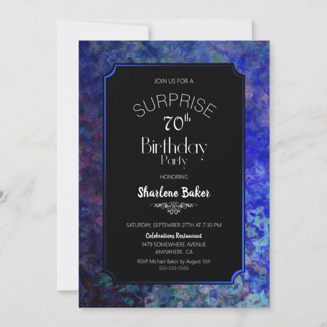 Blue Border Black Surprise 70th Birthday Party Invitation (Front)