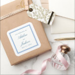 Blue Border Classic Traditional Wedding Square Sticker<br><div class="desc">These wedding sticker labels feature a simple border of periwinkle blue and navy blue lines that frame elegant and easy to personalise couple's names and wedding date text with lots of light and airy white space for that high-end look in line with the new traditional grand millennial style.</div>