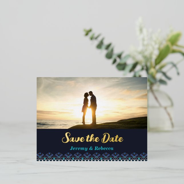 Blue Border Image Save the Date Postcard (Standing Front)