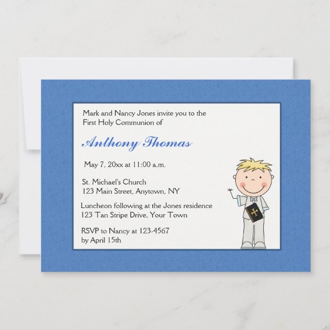 Blue Border, Little Boy Communion Invitation (Front)