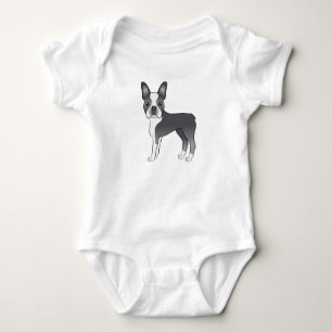 Blue Boston Terrier Cute Cartoon Dog Drawing Baby Bodysuit