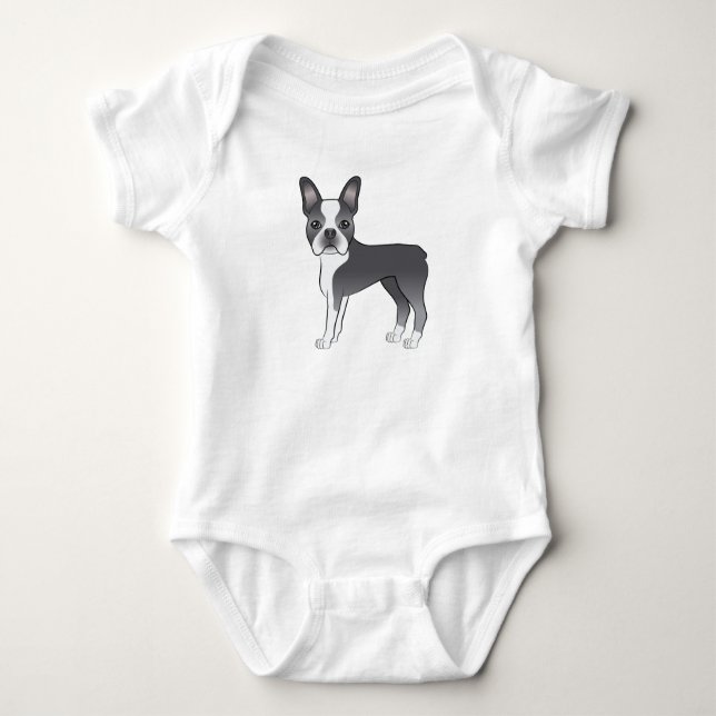 Blue Boston Terrier Cute Cartoon Dog Drawing Baby Bodysuit (Front)