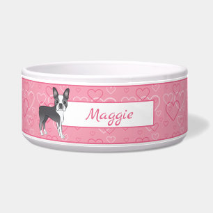 Blue Boston Terrier Dog On Pink Hearts And Name