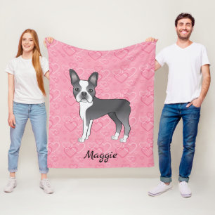 Blue Boston Terrier Dog On Pink Hearts And Name Fleece Blanket